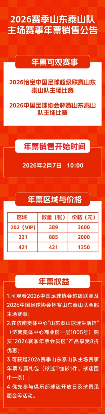 网页版登录入口-泰山主场赛事年票2月7日10点开售，票价1350元、2000元、3600元